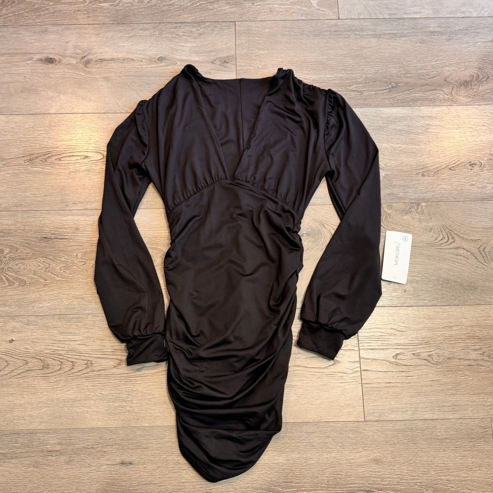Mokoru Black Long Sleeve Mini Dress Small S Ruched Bodycon V Neck Party Cocktail